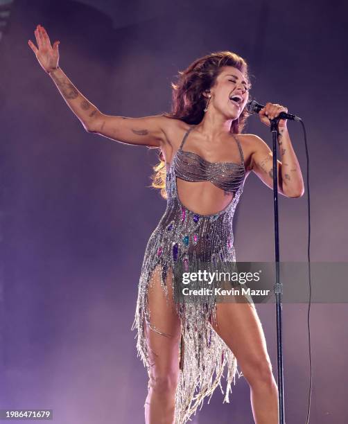 Miley Cyrus performs onstage during the 66th GRAMMY Awards at Crypto.com Arena on February 04, 2024 in Los Angeles, California.