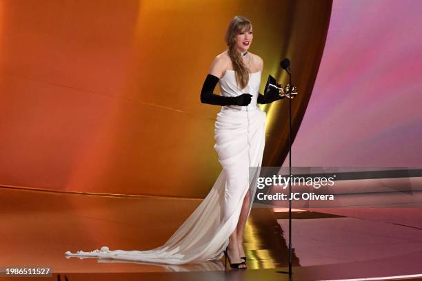 Taylor Swift accepts the Best Pop Vocal Album award for "Midnights" onstage during the 66th GRAMMY Awards at Crypto.com Arena on February 04, 2024 in...