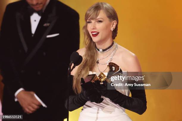 Taylor Swift accepts the "Best Pop Vocal Album" award for "Midnights" onstage during the 66th GRAMMY Awards at Crypto.com Arena on February 04, 2024...