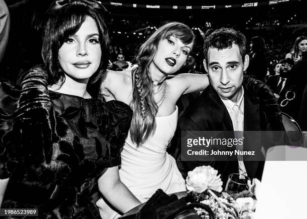 Lana Del Rey, Taylor Swift and Jack Antonoff attend the 66th GRAMMY Awards on February 04, 2024 in Los Angeles, California.