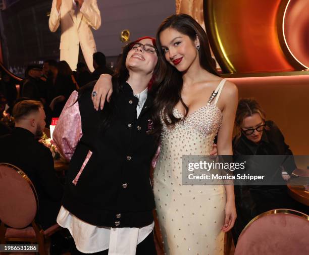 Billie Eilish and Olivia Rodrigo attend the 66th GRAMMY Awards at Crypto.com Arena on February 04, 2024 in Los Angeles, California.