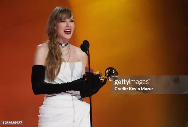 Taylor Swift accepts the Best Pop Vocal Album award for “Midnights” onstage during the 66th GRAMMY Awards at Crypto.com Arena on February 04, 2024 in...