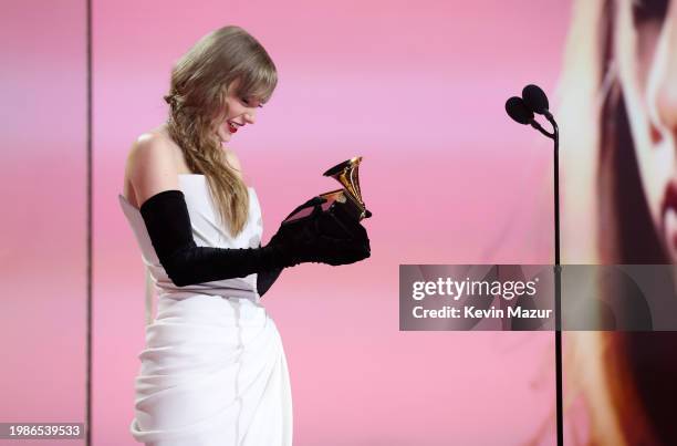 Taylor Swift accepts the Best Pop Vocal Album award for “Midnights” onstage during the 66th GRAMMY Awards at Crypto.com Arena on February 04, 2024 in...