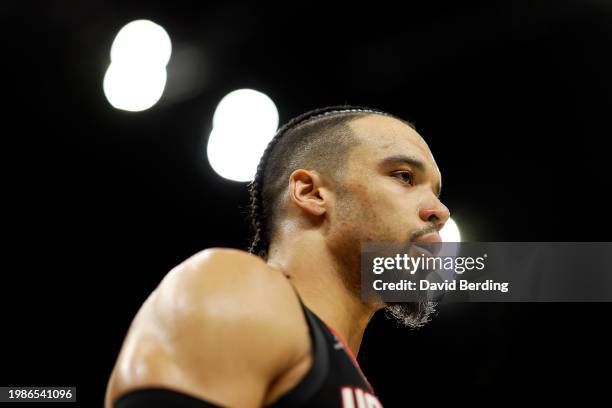 Dillon Brooks of the Houston Rockets looks on against the Minnesota Timberwolves in the third quarter at Target Center on February 04, 2024 in...