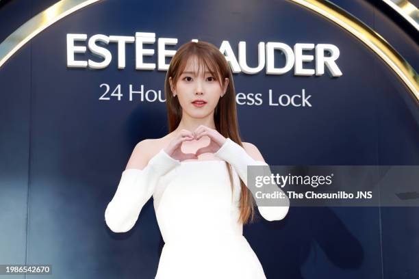 February 01: Singer and actress IU attends Estée Lauder Korea 'Double Wear Square' pop-up event at Plantlance Seongsu in Seongdong-gu on February 01,...