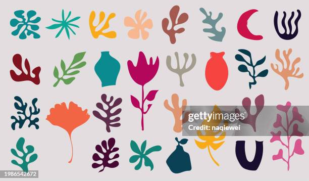 vector set of handmade colors plants foliage leaf organic shapes symbol element collection on white background - iron ore stock illustrations