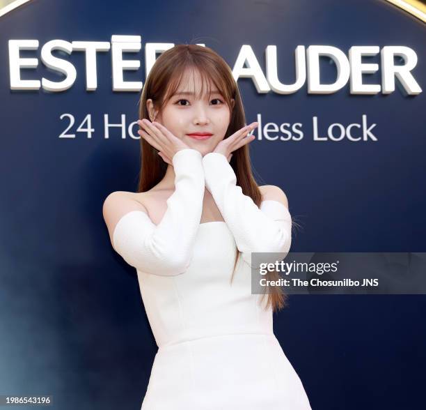 February 01: Singer and actress IU attends Estée Lauder Korea 'Double Wear Square' pop-up event at Plantlance Seongsu in Seongdong-gu on February 01,...