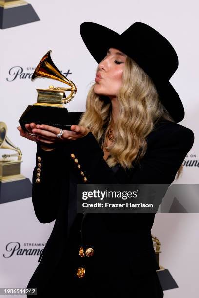 Lainey Wilson, winner of the "Best Country Album" award for "Bell Bottom Country", poses in the press room during the 66th GRAMMY Awards at...