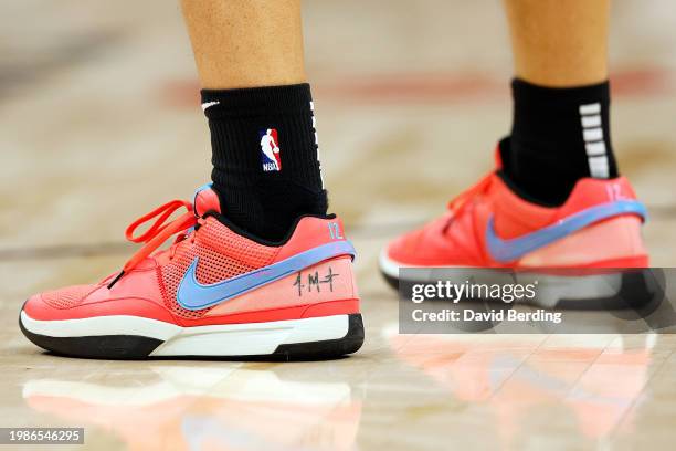 View of the Nike sneakers worn by Dillon Brooks of the Houston Rockets against the Minnesota Timberwolves in the third quarter at Target Center on...