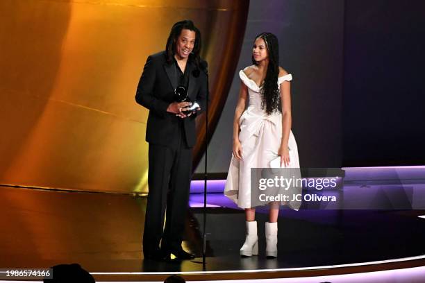 Jay-Z and Blue Ivy Carter accept the Dr. Dre Global Impact Award award onstage during the 66th GRAMMY Awards at Crypto.com Arena on February 04, 2024...