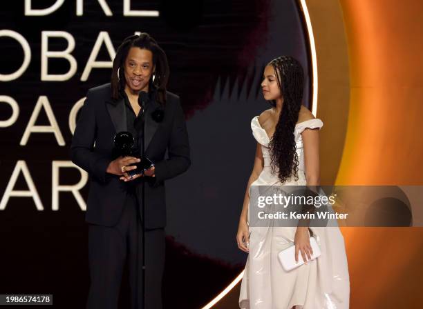 Honoree Jay-Z accepts the Dr. Dre Global Impact Award with Blue Ivy Carter onstage during the 66th GRAMMY Awards at Crypto.com Arena on February 04,...