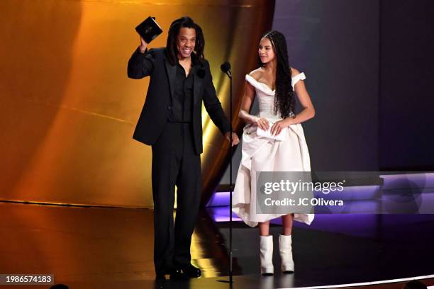 Jay-Z and Blue Ivy Carter accept the Dr. Dre Global Impact Award award onstage during the 66th GRAMMY Awards at Crypto.com Arena on February 04, 2024...