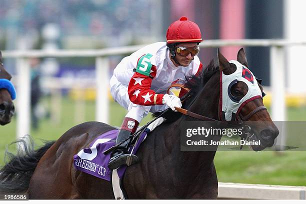 Jockey Alex Solis riding Humorous Lady during the Juvenile Fillies race at 2002 Breeders' Cup World Thoroughbred Championships on October 26, 2002 in...