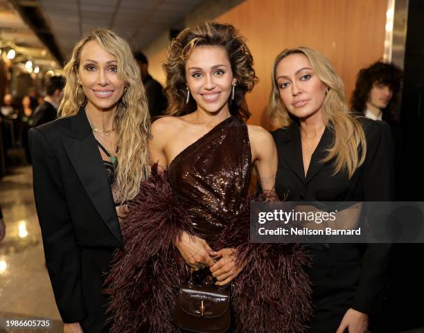 Tish Cyrus, Miley Cyrus and Brandi Cyrus attend the 66th GRAMMY Awards at Crypto.com Arena on February 04, 2024 in Los Angeles, California.