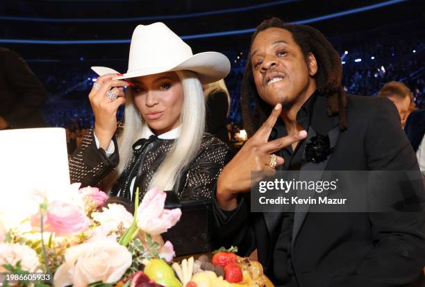 Beyoncé and Jay-Z attend the 66th GRAMMY Awards at Crypto.com Arena on February 04, 2024 in Los Angeles, California.