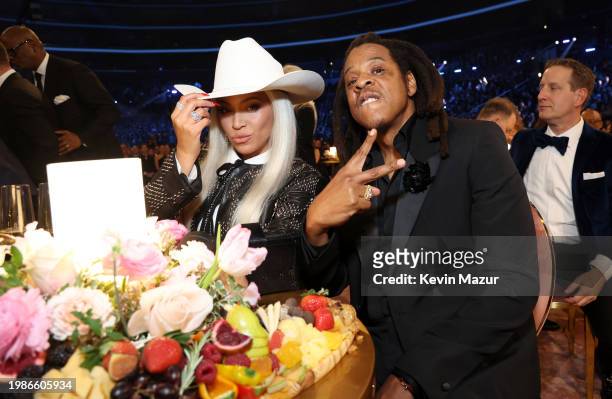 Beyoncé and Jay-Z onstage during the 66th GRAMMY Awards at Crypto.com Arena on February 04, 2024 in Los Angeles, California.