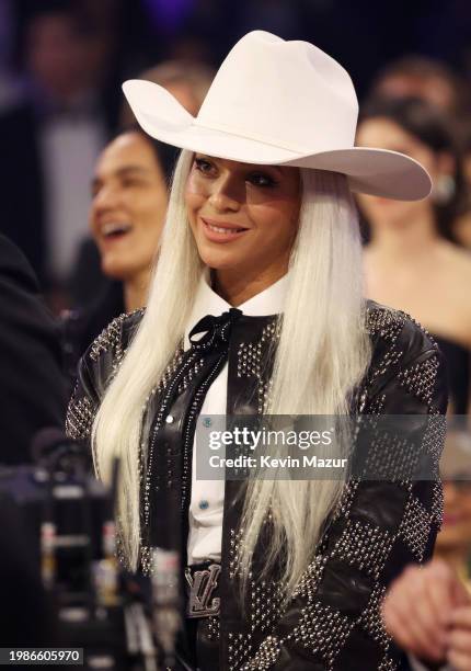 Beyoncé supports Jay-Z as he accepts the Dr. Dre Global Impact Award during the 66th GRAMMY Awards at Crypto.com Arena on February 04, 2024 in Los...