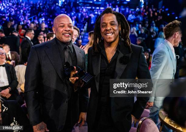 Dr. Dre and Jay-Z attend the 66th GRAMMY Awards on February 04, 2024 in Los Angeles, California.