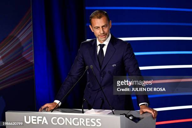 President Aleksander Ceferin delivers a speech during the 48th UEFA ordinary Congress held at the Maison de la Mutualite in Paris on February 8, 2024.