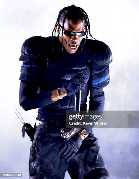 Travis Scott performs onstage during the 66th GRAMMY Awards at Crypto.com Arena on February 04, 2024 in Los Angeles, California.