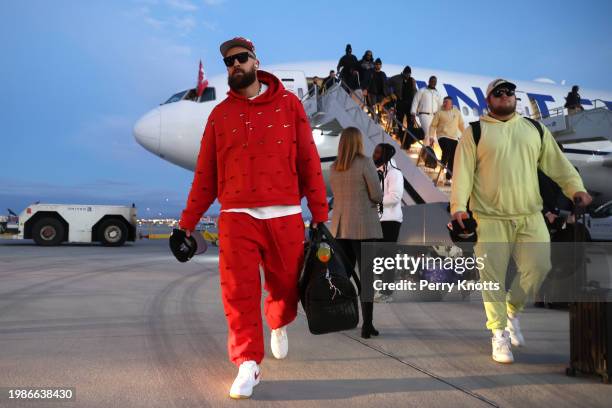 Travis Kelce of the Kansas City Chiefs arrives for Super Bowl LVIII at the Harry Reid International Airport on February 4, 2024 in Las Vegas, NV....