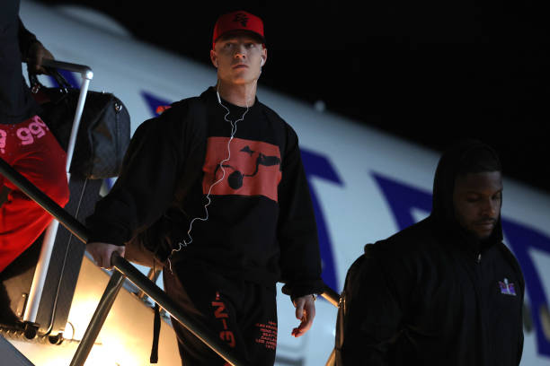 Christian McCaffrey of the San Francisco 49ers arrives for Super Bowl LVIII at the Harry Reid International Airport on February 4, 2024 in Las Vegas,...