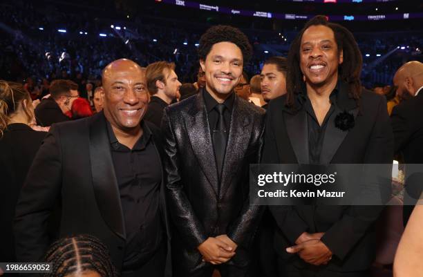 Byron Allen, Trevor Noah, and Jay-Z attend the 66th GRAMMY Awards at Crypto.com Arena on February 04, 2024 in Los Angeles, California.