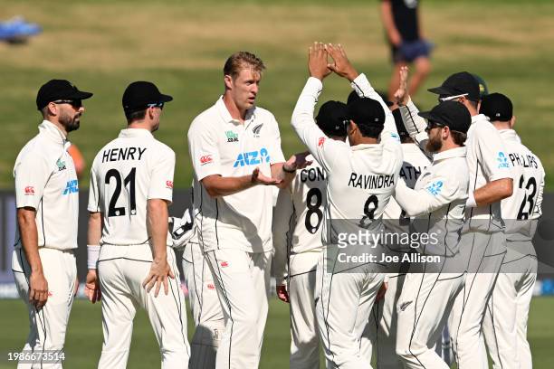 Kyle Jamieson of New Zealand celebrates after dismissing Neil Brand during day two of the First Test in the series between New Zealand and South...