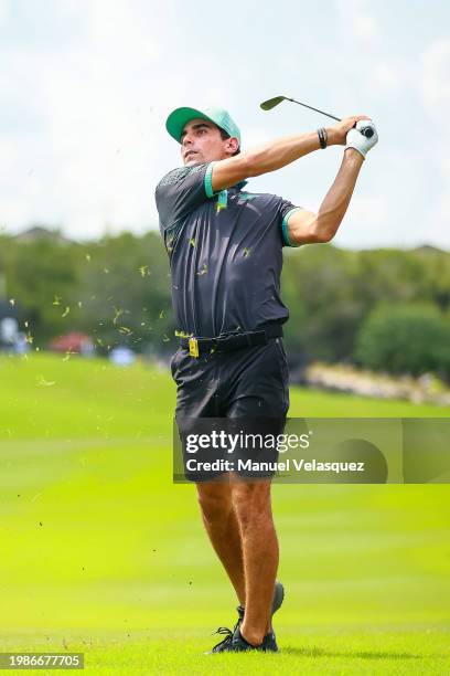 Captain Joaquin Niemann of Torque GC plays his second shot on the second hole during day three of the LIV Golf Invitational - Mayakoba at El Camaleon...