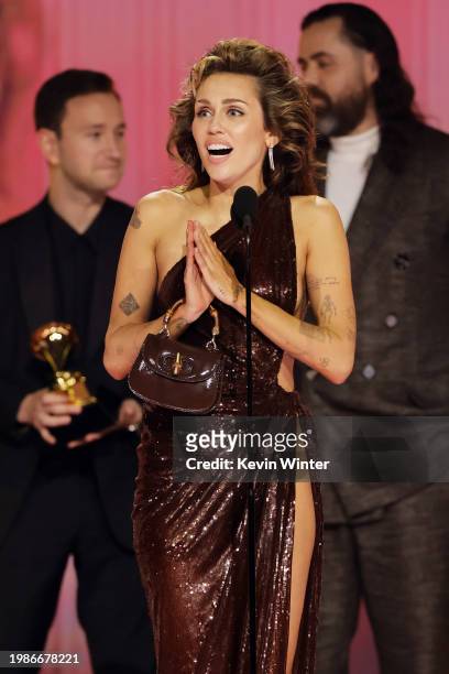 Miley Cyrus accepts the Record Of The Year award for “Flowers” onstage during the 66th GRAMMY Awards at Crypto.com Arena on February 04, 2024 in Los...