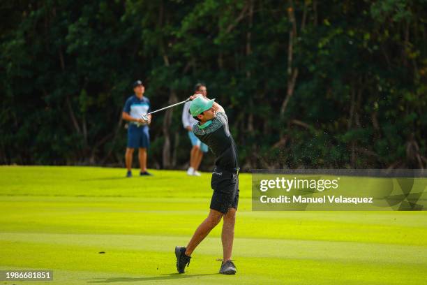 Captain Joaquin Niemann of Torque GC plays his second shot on the fifth hole during day three of the LIV Golf Invitational - Mayakoba at El Camaleon...