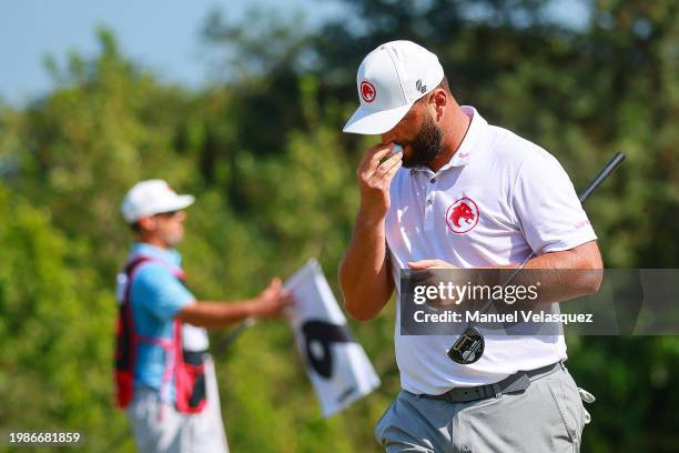 Captain Jon Rahm of Legion XIII gestures during day three of the LIV Golf Invitational - Mayakoba at El Camaleon at Mayakoba on February 04, 2024 in...