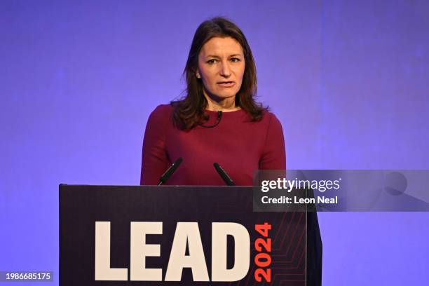 Lucy Frazer the Secretary of State for Culture, Media and Sport , speaks during LEAD 2024 at the Queen Elizabeth II Centre on February 8, 2024 in...