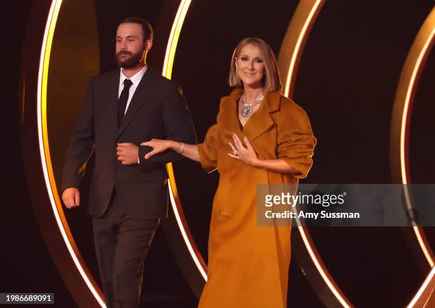 Rene-Charles Angelil and Celine Dion appear onstage during the 66th GRAMMY Awards at Crypto.com Arena on February 04, 2024 in Los Angeles, California.