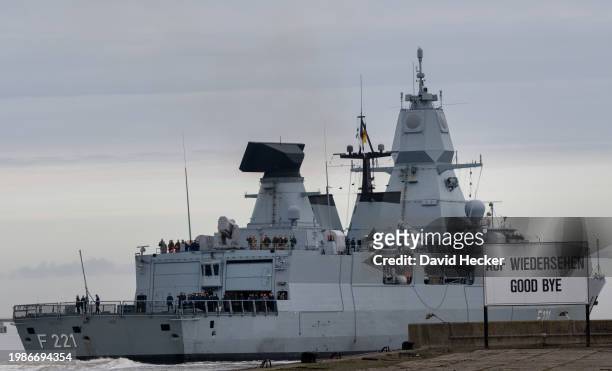 The German Navy frigate "Hessen" departs for deployment in the Red Sea on February 8, 2024 in Wilhelmshaven, Germany. The F124 type "Hessen," with...