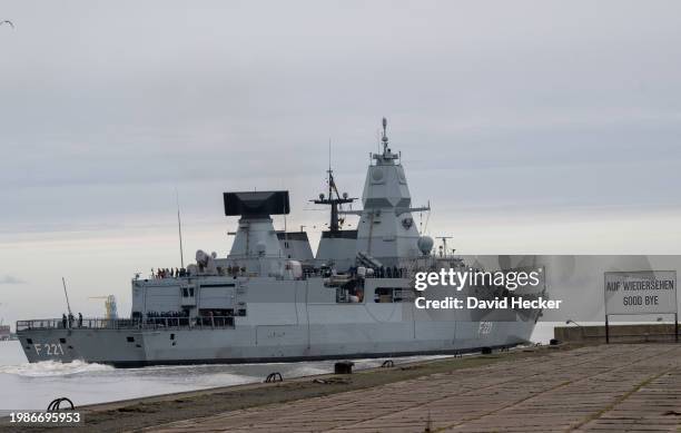 The German Navy frigate "Hessen" departs for deployment in the Red Sea on February 8, 2024 in Wilhelmshaven, Germany. The F124 type "Hessen," with...