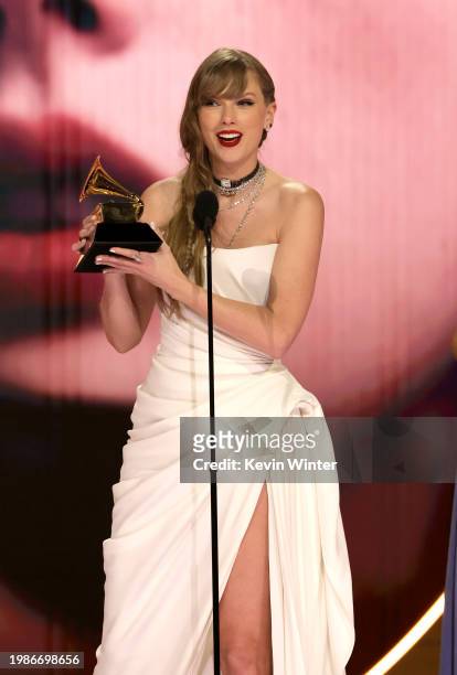 Taylor Swift accepts the Album Of The Year award for “Midnights” onstage during the 66th GRAMMY Awards at Crypto.com Arena on February 04, 2024 in...