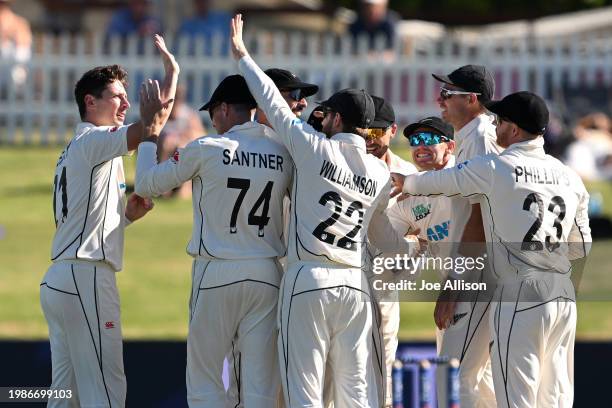 Matt Henry of New Zealand celebrates after dismissing Edward Moore during day two of the First Test in the series between New Zealand and South...