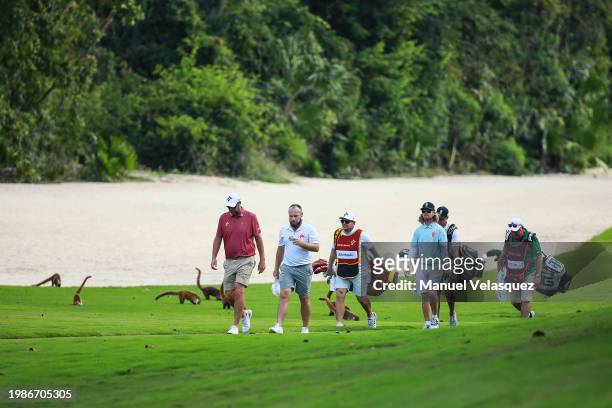 Marc Leishman of Ripper GC, Tyrrell Hatton of Legion XIII, and Scott Vincent of Iron Heads GC walk to the 18th hole during day three of the LIV Golf...