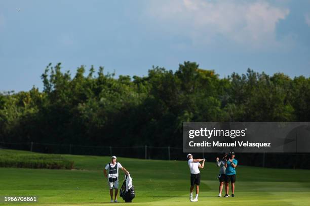 Cameron Tringale of Hyflyers GC plays his second shot on the 16th hole during day three of the LIV Golf Invitational - Mayakoba at El Camaleon at...