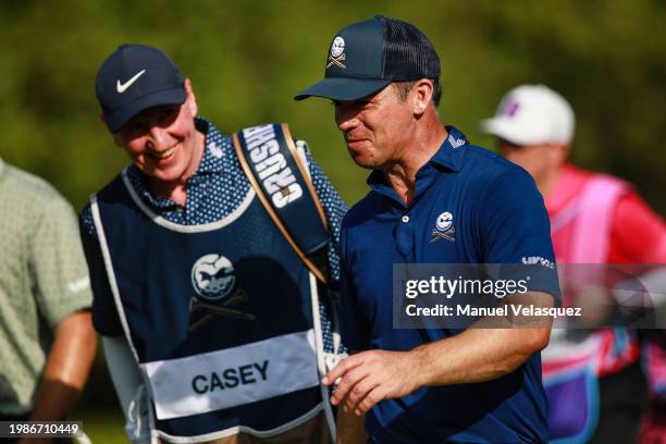 Paul Casey of Crushers GC gestures during day three of the LIV Golf Invitational - Mayakoba at El Camaleon at Mayakoba on February 04, 2024 in Playa...