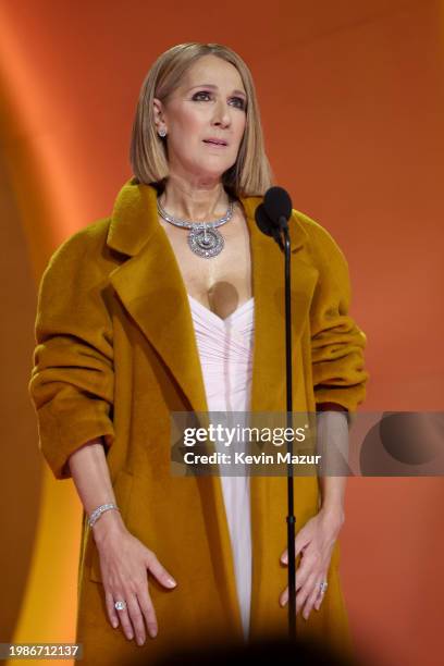 Celine Dion speaks onstage during the 66th GRAMMY Awards at Crypto.com Arena on February 04, 2024 in Los Angeles, California.