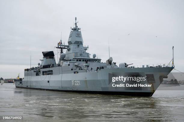 The German Navy frigate "Hessen" departs for deployment in the Red Sea on February 8, 2024 in Wilhelmshaven, Germany. The F124 type "Hessen," with...