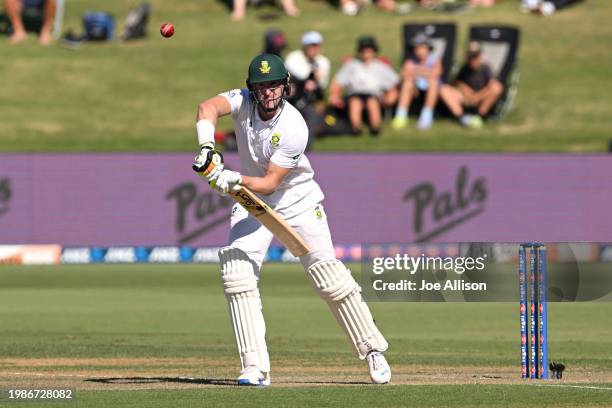 Neil Brand of South Africa bats during day two of the First Test in the series between New Zealand and South Africa at Bay Oval on February 05, 2024...