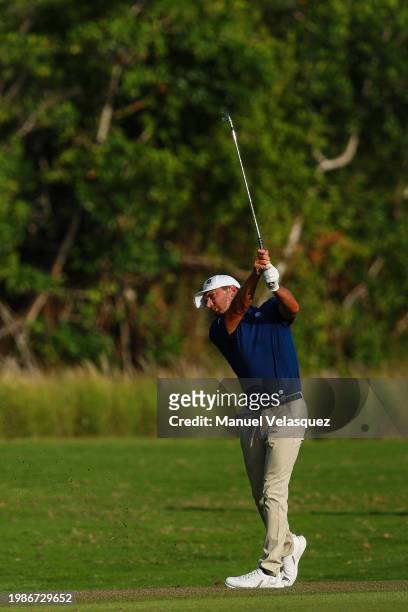 Charles Howell III of Crushers GC plays his second shot on the 16th hole during day three of the LIV Golf Invitational - Mayakoba at El Camaleon at...