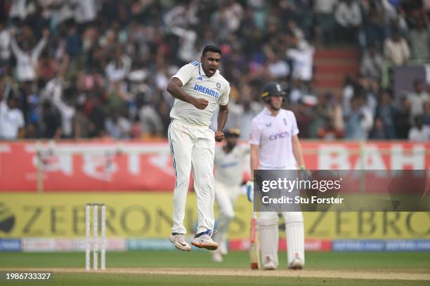 India bowler Ravi Ashwin celebrates after taking the wicket of England batsman Ollie Pope during day four of the 2nd Test Match between India and...