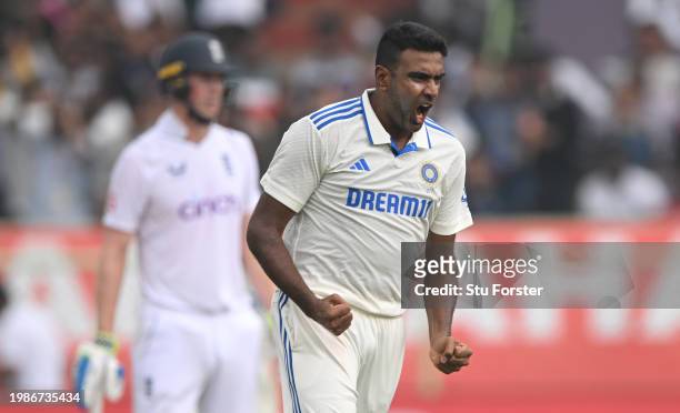 India bowler Ravi Ashwin celebrates after taking the wicket of England batsman Ollie Pope during day four of the 2nd Test Match between India and...
