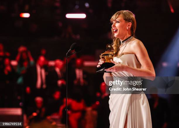 Taylor Swift accepts the Album Of The Year award for "Midnights" during the 66th GRAMMY Awards on February 04, 2024 in Los Angeles, California.