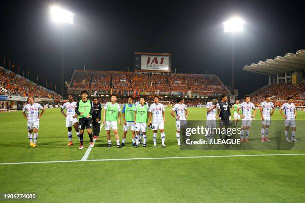 Ventforet Kofu players look dejected after the team's 0-1 defeat in the J.League J1 match between Shimizu S-Pulse and Ventforet Kofu at IAI Stadium...