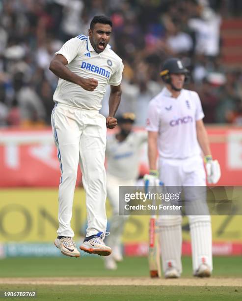 India bowler Ravi Ashwin celebrates after taking the wicket of England batsman Ollie Pope during day four of the 2nd Test Match between India and...